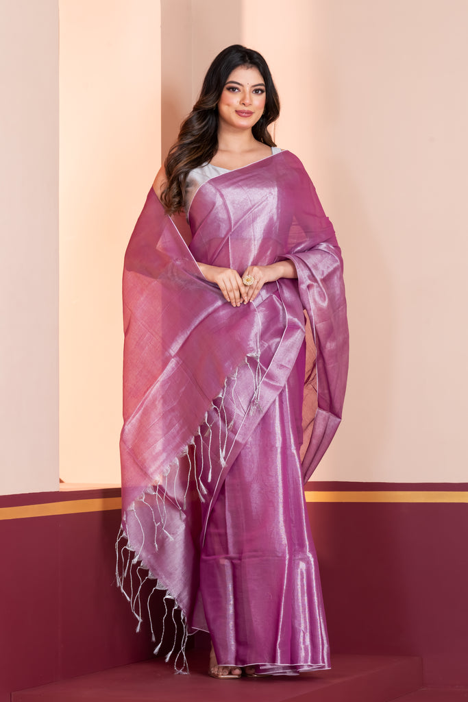 Elegant Tissue Saree with Subtle Shine and Tassel Detailing