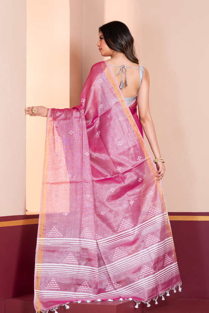 Tissue Jamdani Saree with White Motifs & Tassels
