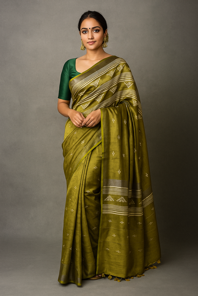 Tissue Jamdani Saree with White Motifs & Tassels
