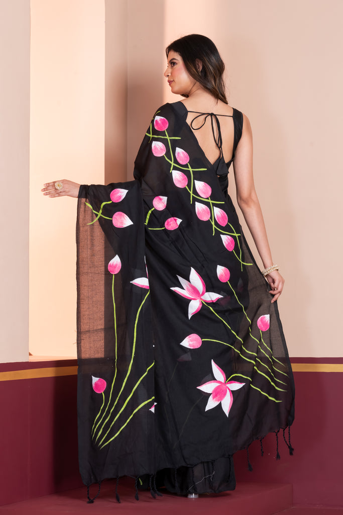 Hand-Painted Cotton Saree with Pink Lotus Floral Design
