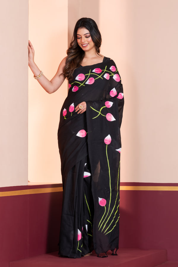 Hand-Painted Cotton Saree with Pink Lotus Floral Design