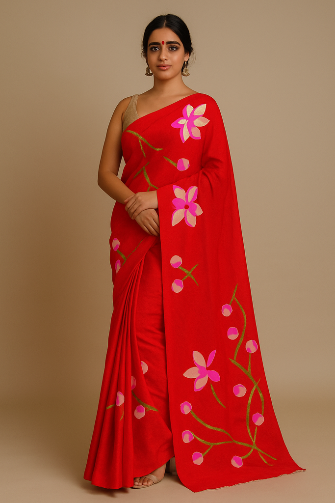 Hand-Painted Cotton Saree with Pink Lotus Floral Design