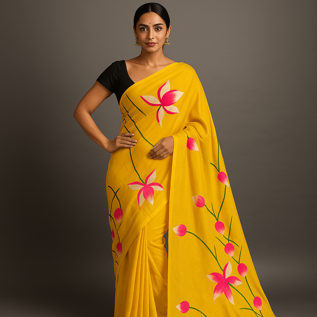Hand-Painted Cotton Saree with Pink Lotus Floral Design