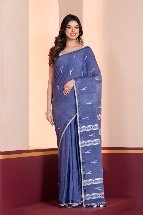 Women's Boutique Khadi Cotton Saree |White Woven Motifs & Tassels | With Blouse Piece