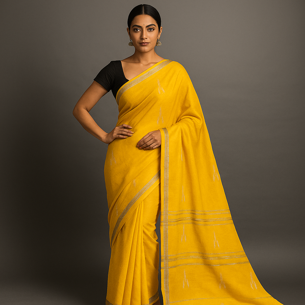 Women's Boutique Khadi Cotton Saree |White Woven Motifs & Tassels | With Blouse Piece