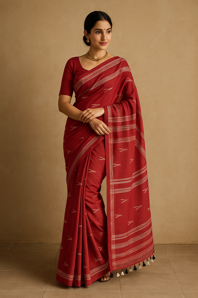 Women's Boutique Khadi Cotton Saree |White Woven Motifs & Tassels | With Blouse Piece