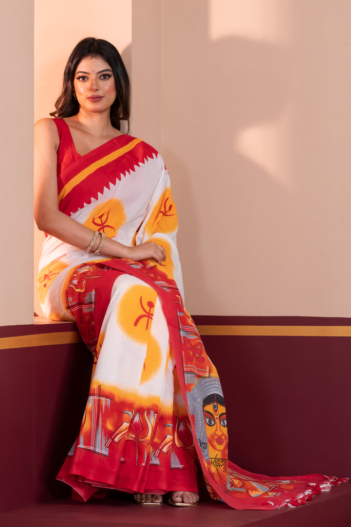 Hand-Painted Cotton Saree with Goddess Durga with Bengali written Pallu – Red, White & Yellow | Festive & Traditional Wear