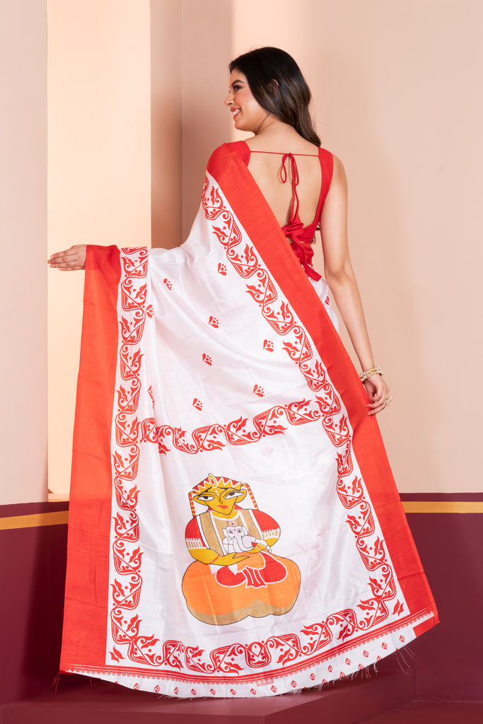 Elegant White & Red Pure Silk Saree with Artistic Goddess Print & Traditional Border-Festive & Ethnic Wear (Copy)