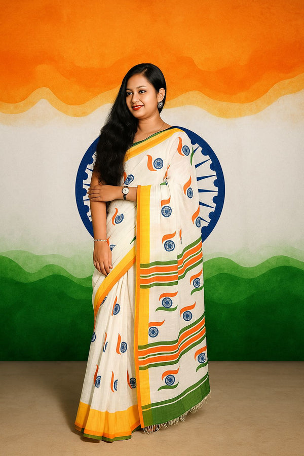 Pure Cotton Saree with Printed Indian Tricolor Flag Motif – Independence Day & Republic Day Special