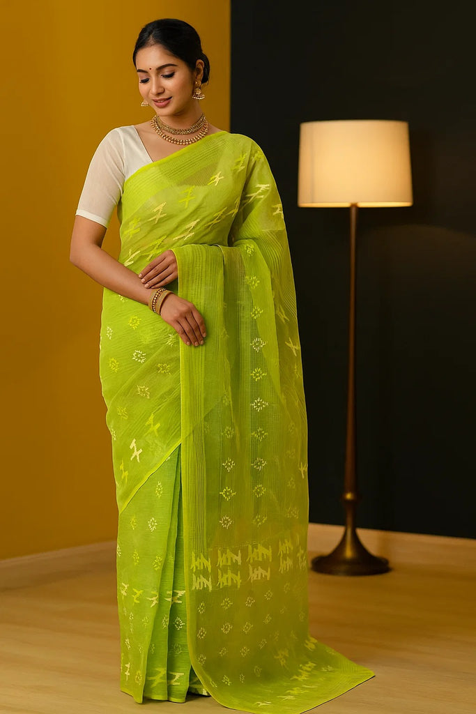 Meadow Glow" – Luxe Handwoven Jamdani Saree in Lime Gold