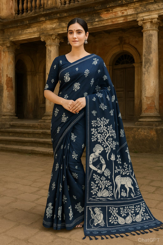 Indigo Rajasthani Print Pure Cotton Saree