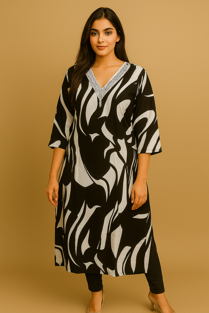 Rayon V-Neck Kurti with Machine Work