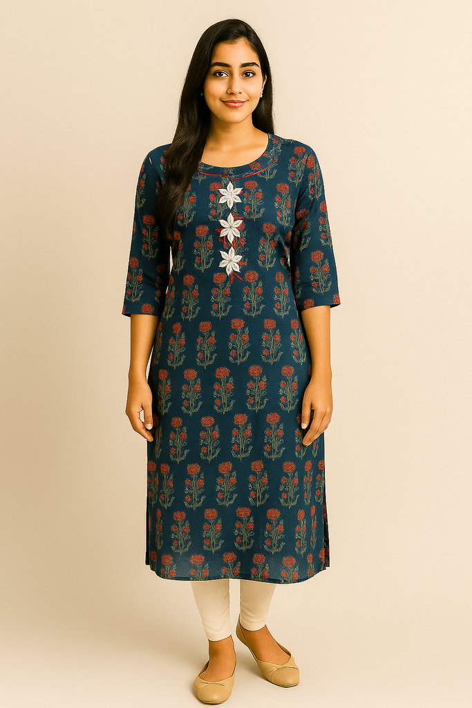 Ajrak Print Cotton Kurti with Hand Stitch