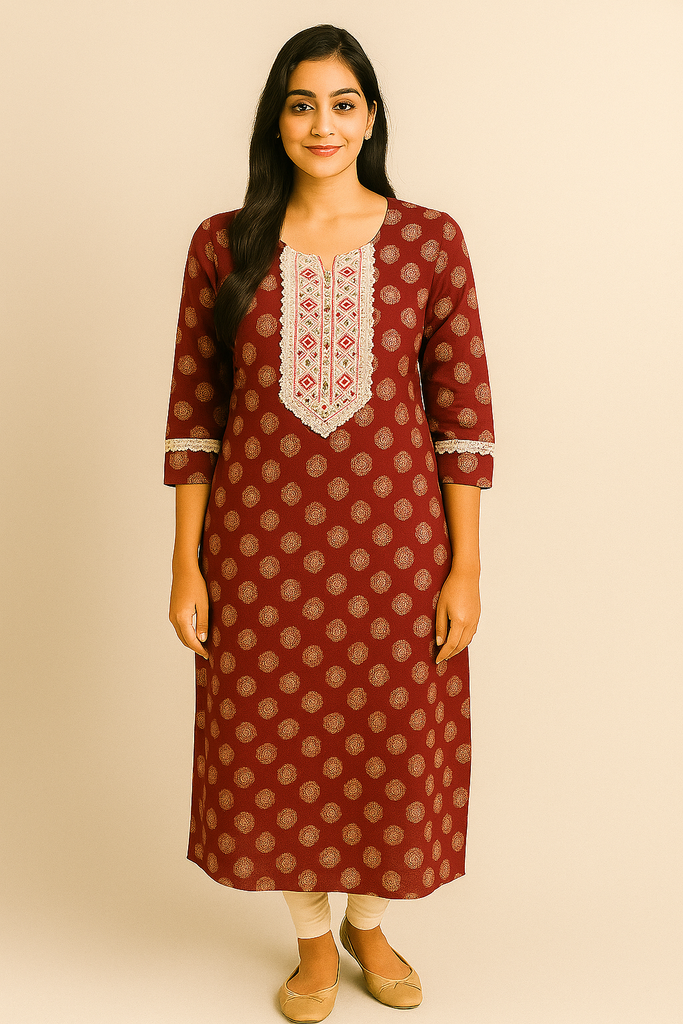 Printed Kurti with Cotton Jute Lace