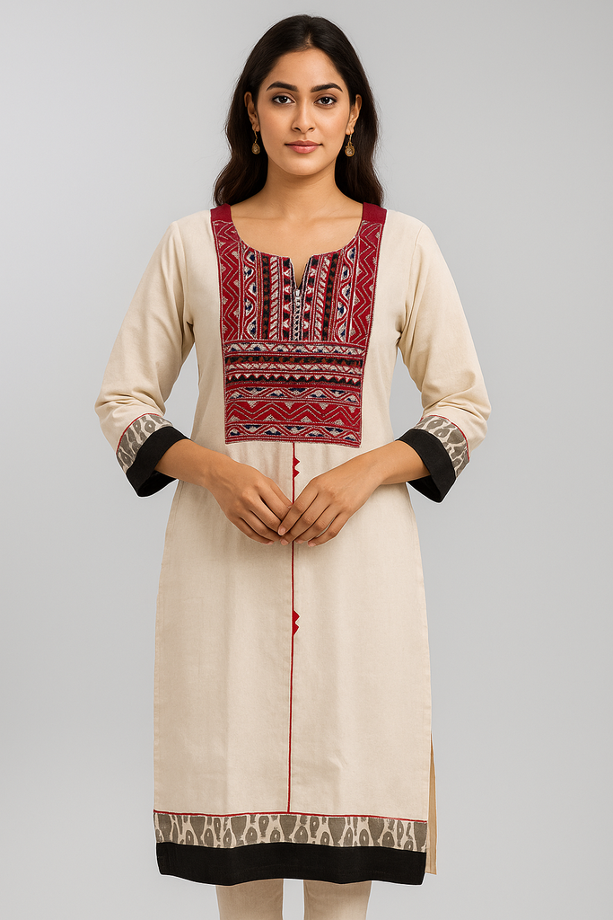 Cotton Kurti with Kantha Patch