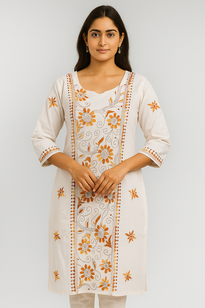 Knee-Length White Kurti with Kantha Stitch