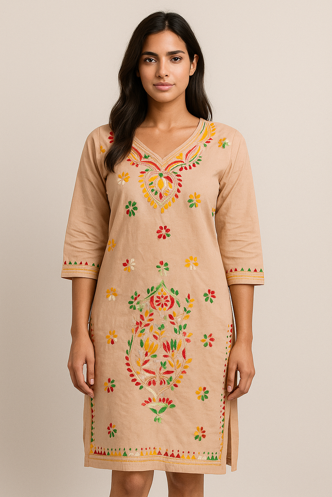 Sandal Colour Cotton Kurti with Kantha Stitch