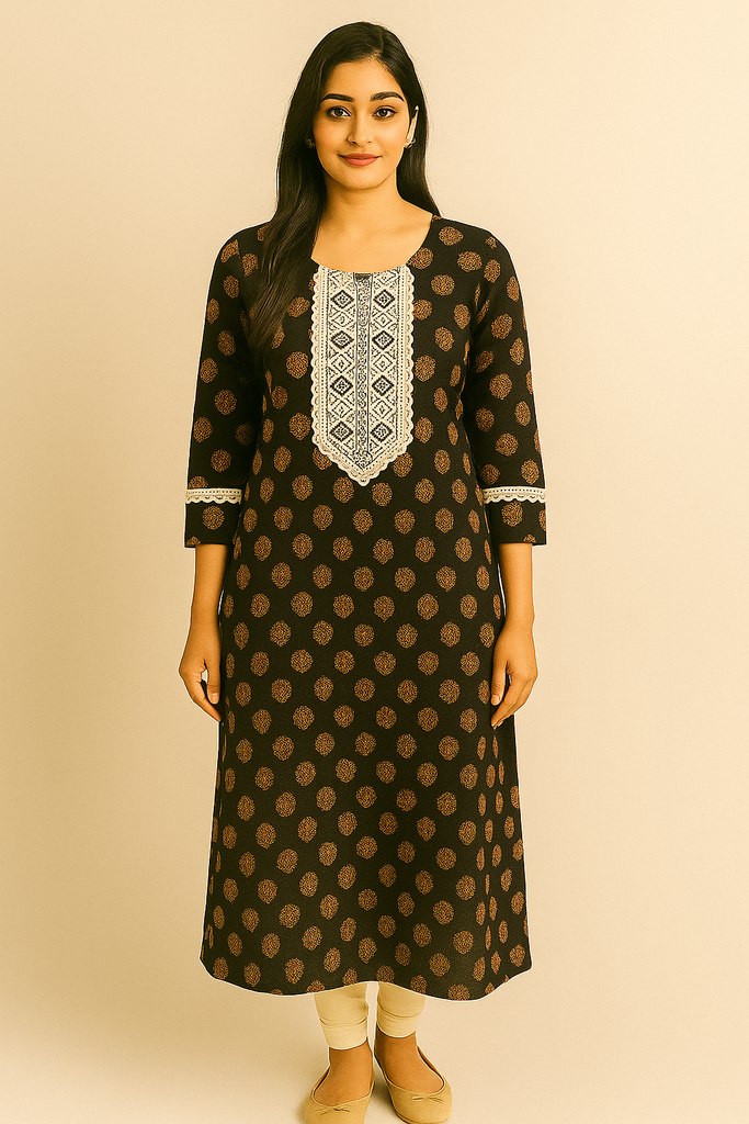 Printed Kurti with Cotton Jute Lace